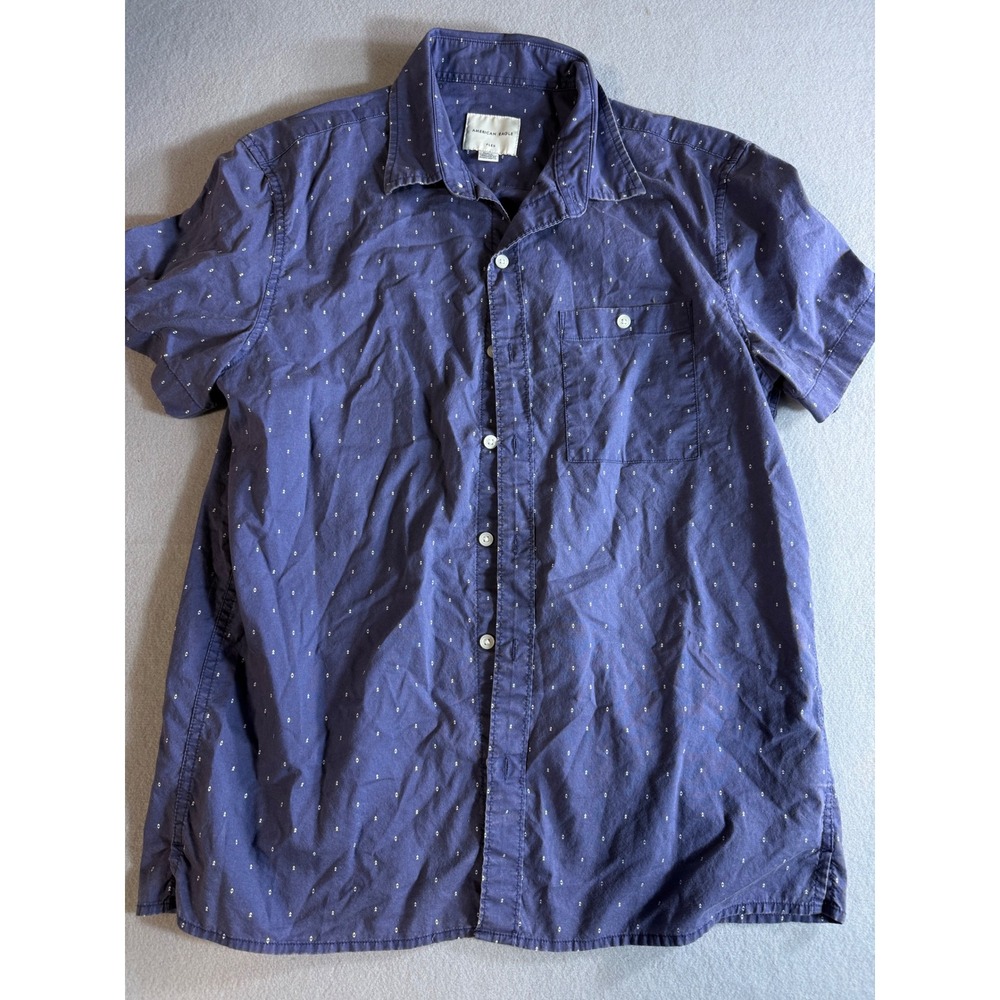 American Eagle Flex Mens Medium Short Sleeve Button Down Shirt Navy Blue Print